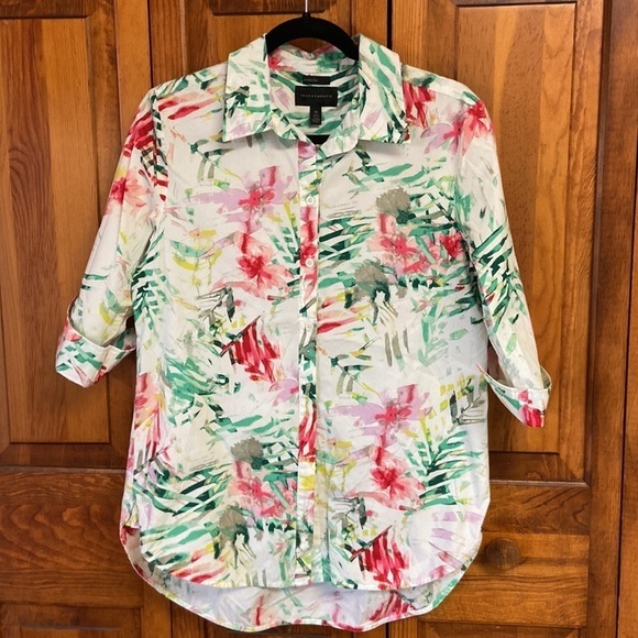 Investments Wrinkle-free Button Down 3/4 Length Sleeve Multicolor Cotton Blouse - Picture 5 of 11